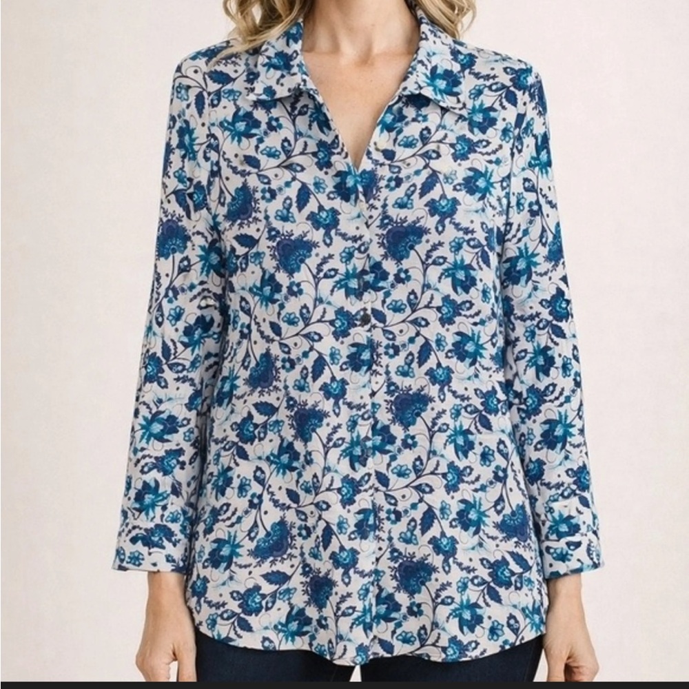 Soft Surroundings flannel sz L Blue Floral Button Down Shirt top long sleeve